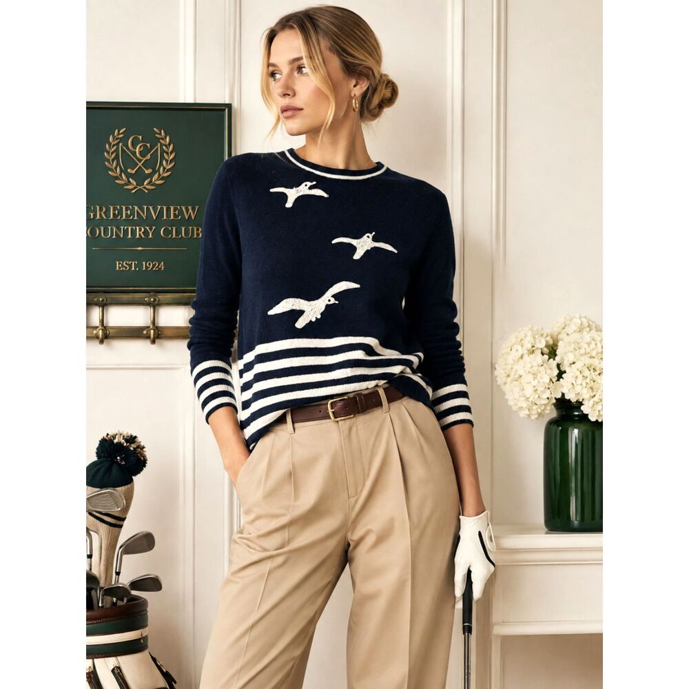Vintage Nautical Seagull Sweater Navy Blue Cream Striped Pullover Coastal Preppy